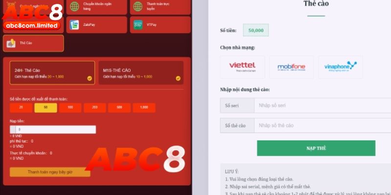 Thao tác nạp tiền bằng thẻ cào tại ABC8